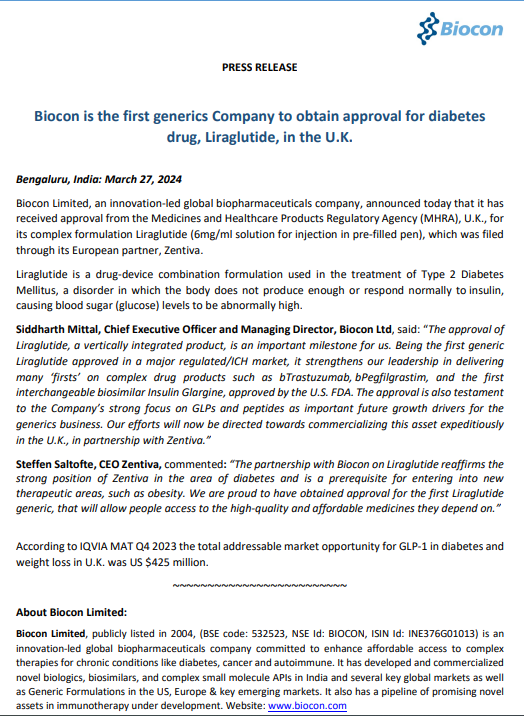 Displaying Biocon's press release