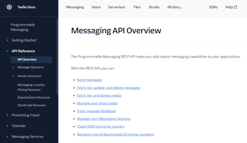 Displaying Twilio's messaging API overview